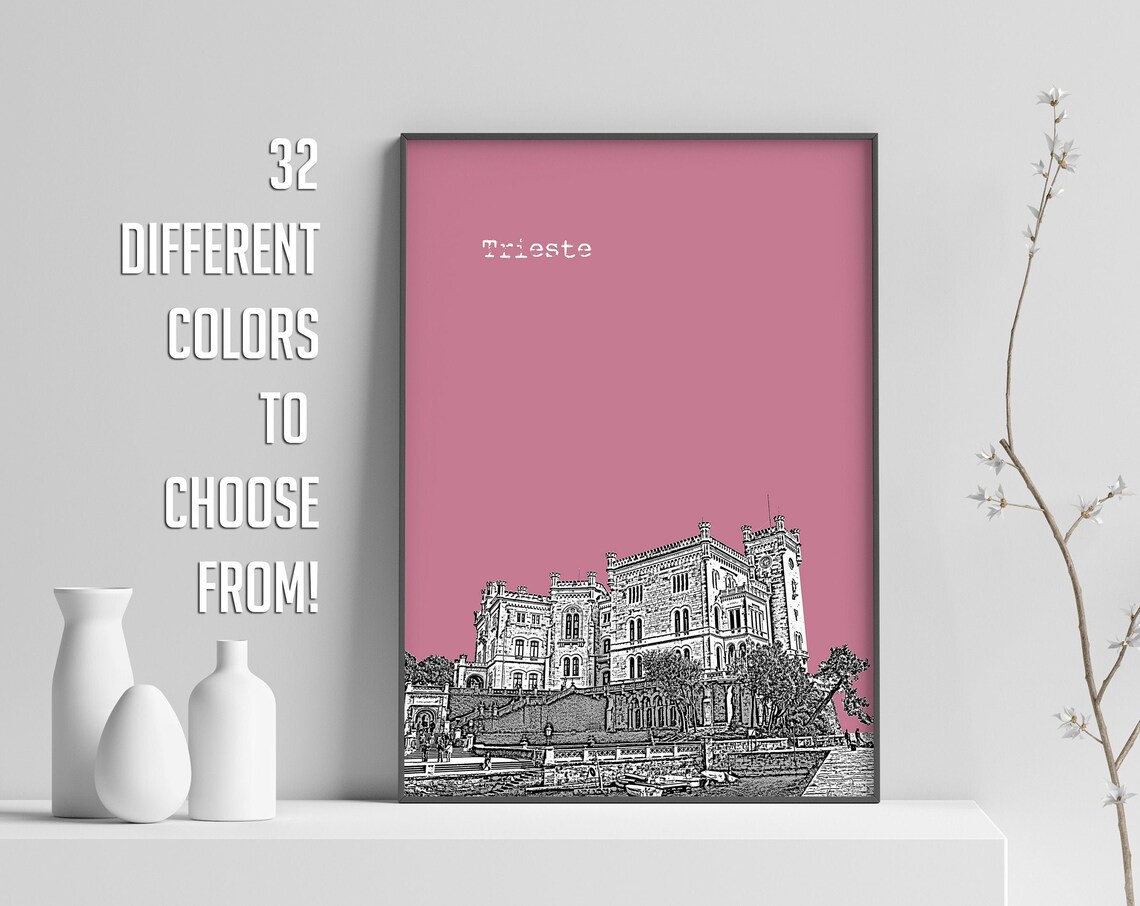 Trieste Pink Pop Art Seaside Castle On The Water Sketch Print Decor