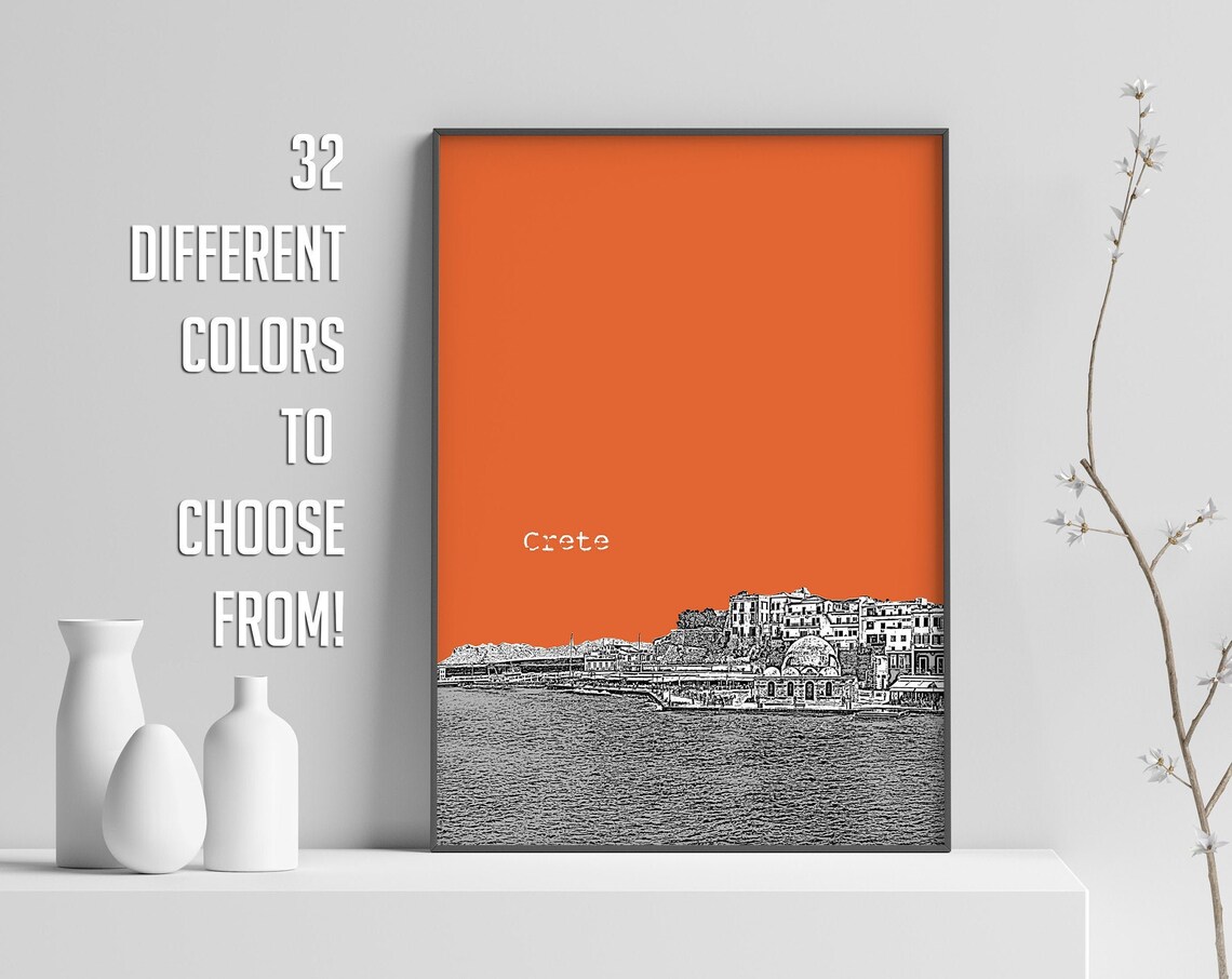 Crete Orange Pop Art Greek Island Harbor Town Sketch Print Decor
