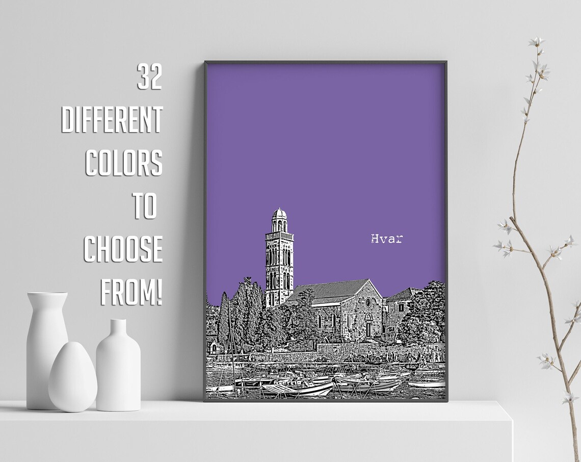 Hvar Croatia Harbor Church Purple Pop Art Island Travel Poster