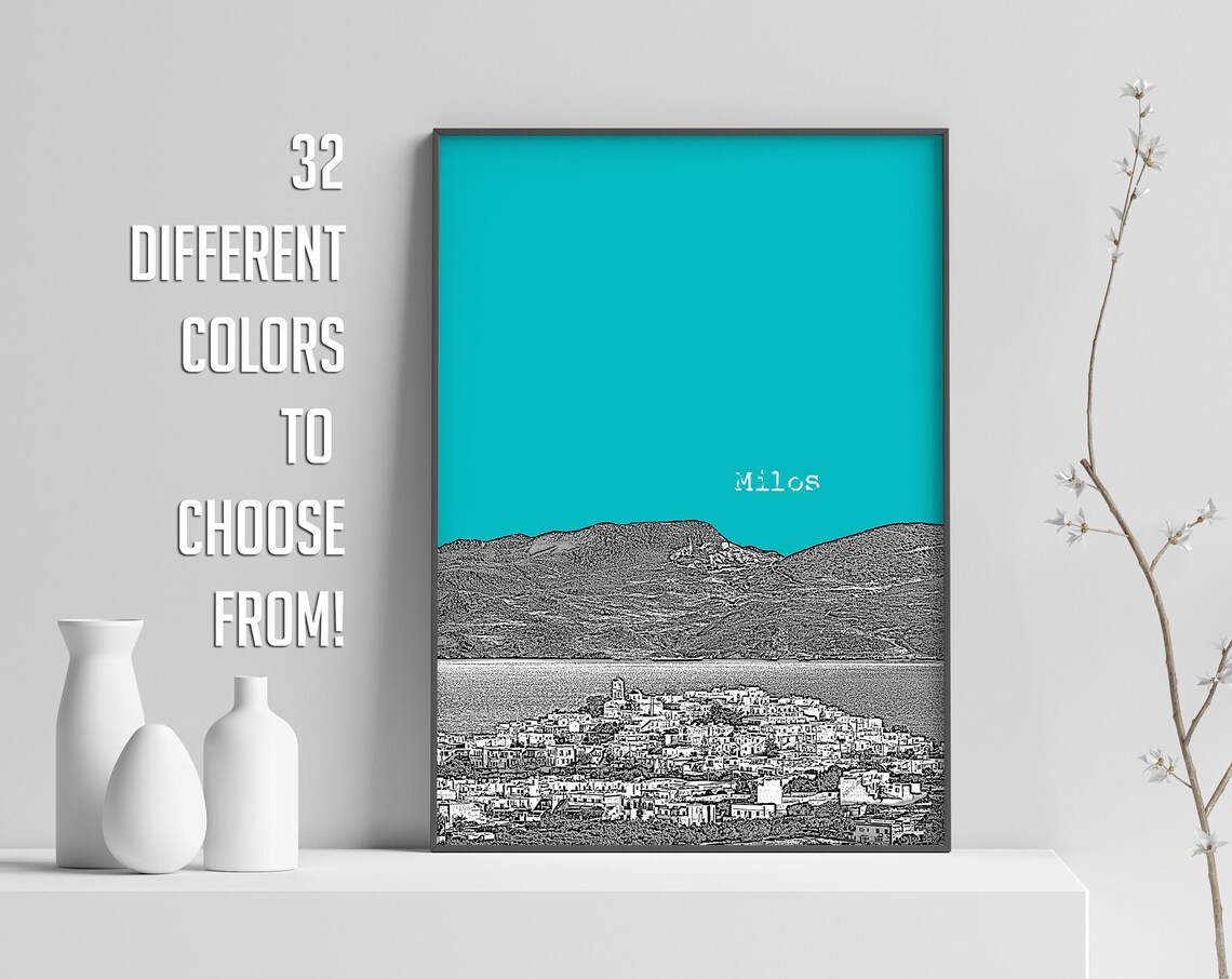 Milos Teal Pop Art Greek Island Village Harbor Sketch Print Decor