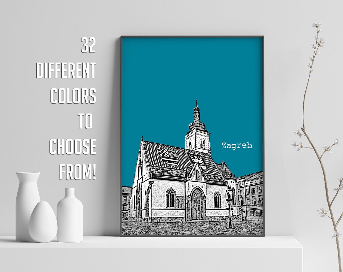 Zagreb Croatia Checkered Church Color Block Poster Custom Sky Color