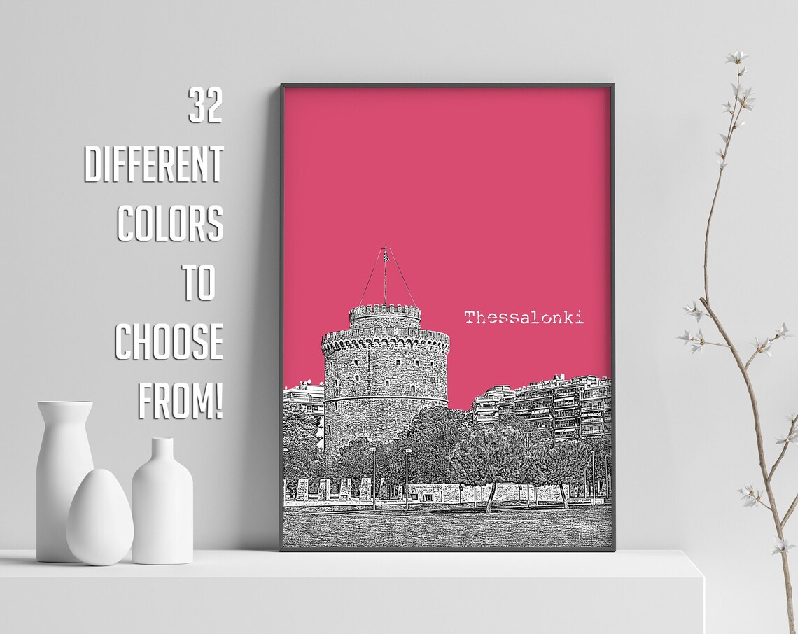 Thessaloniki White Tower Pink Pop Art Greece Landmark Poster
