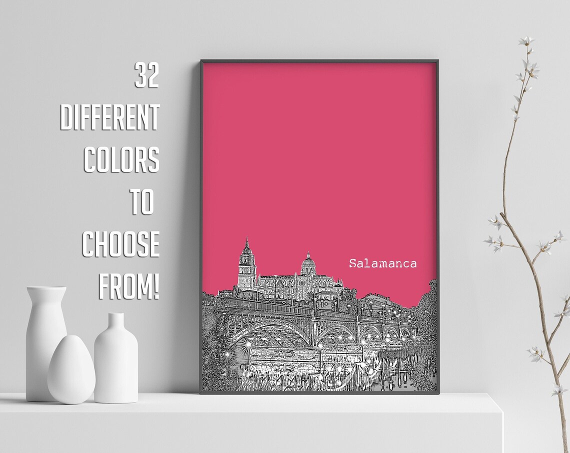 Salamanca Pink Pop Art Cathedral Bridge Skyline Sketch Print Decor