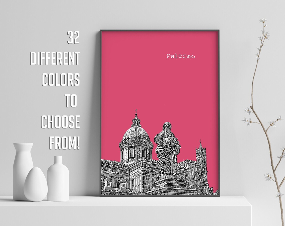 Palermo Italy Pink Pop Art City Landmark Sketch Print Travel Decor