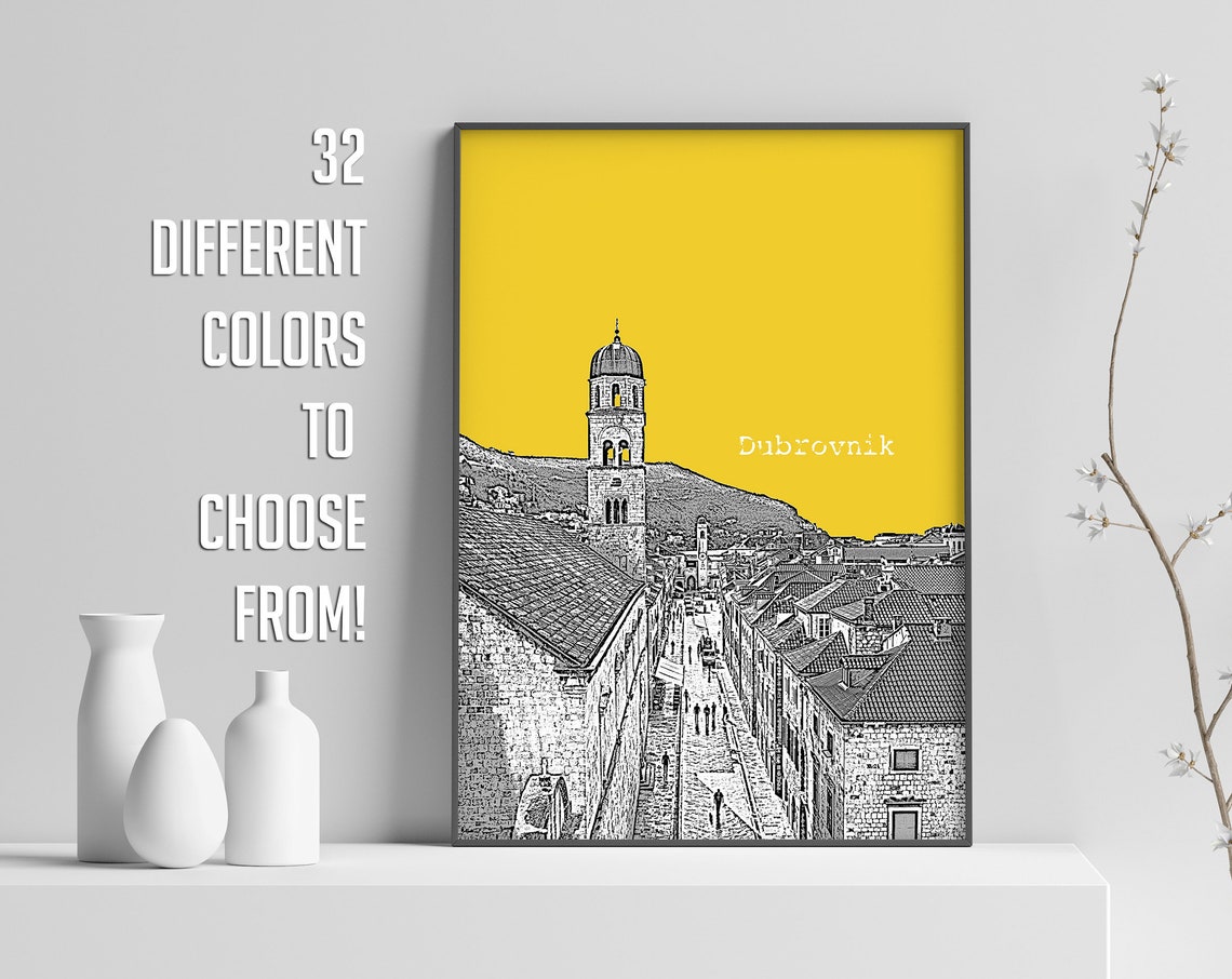Dubrovnik Yellow Pop Art Old Town Bell Tower Sketch Print Decor