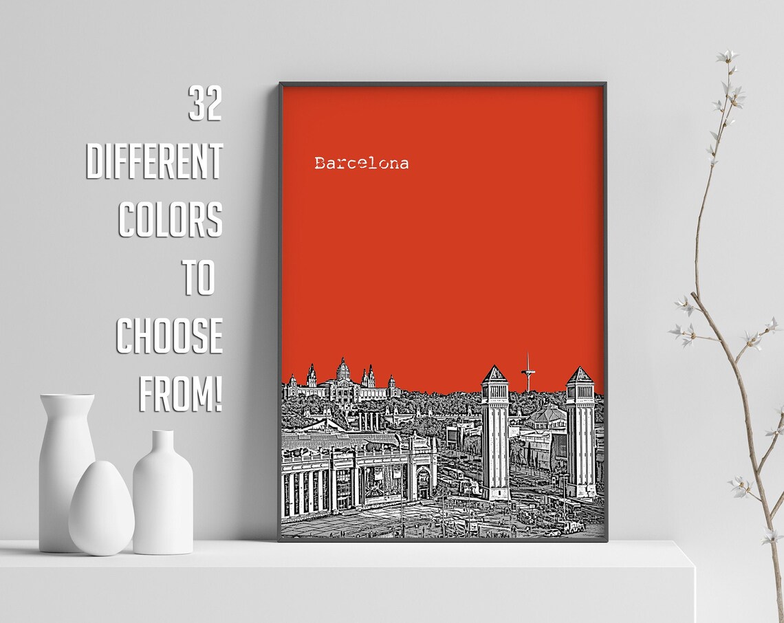 Barcelona Spain Color Block Cityscape Poster With Custom Sky Color