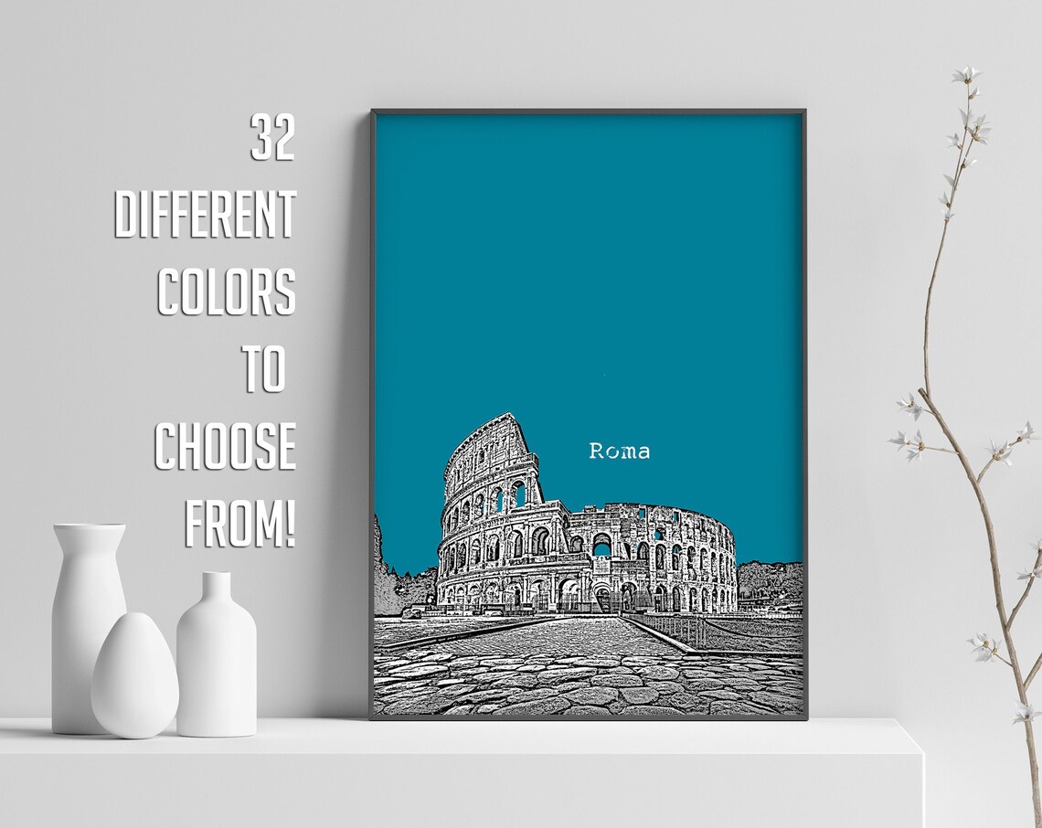 Roma Teal Pop Art Colosseum Ancient Landmark Sketch Print Decor