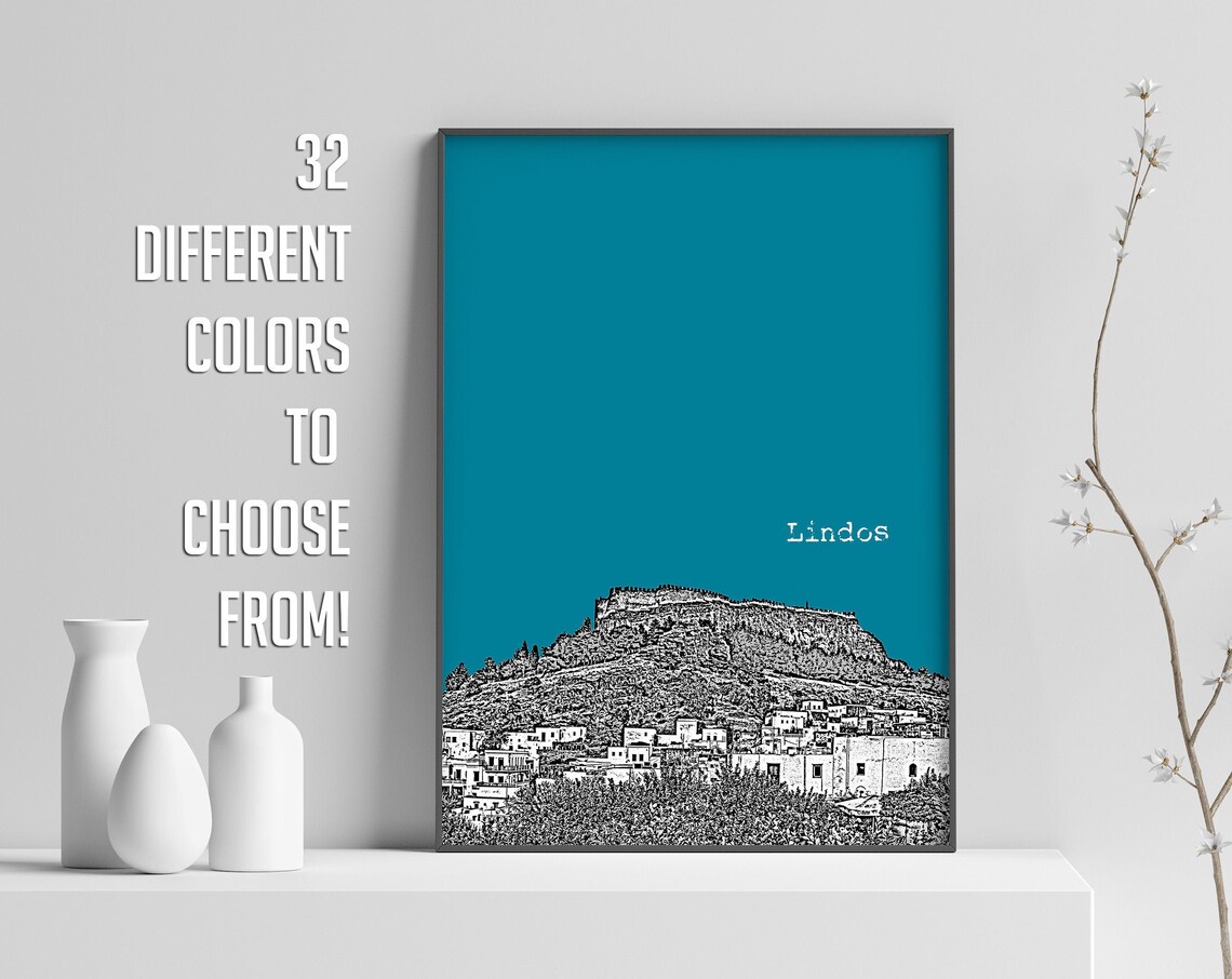 Lindos Rhodes City Skyline Travel Poster - Image 3