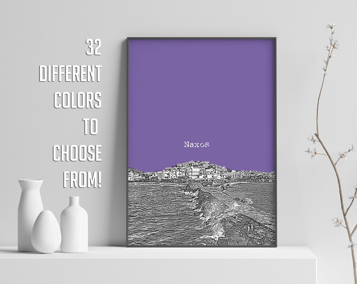 Naxos Purple Pop Art Greek Island Harbor Waterfront Sketch Print Decor - Image 3