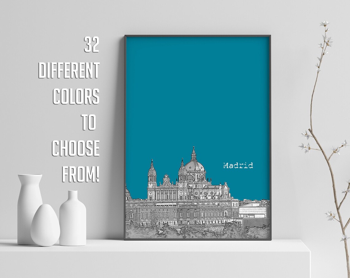 Madrid Spain Cathedral Color Block Poster With Custom Sky Color Choice