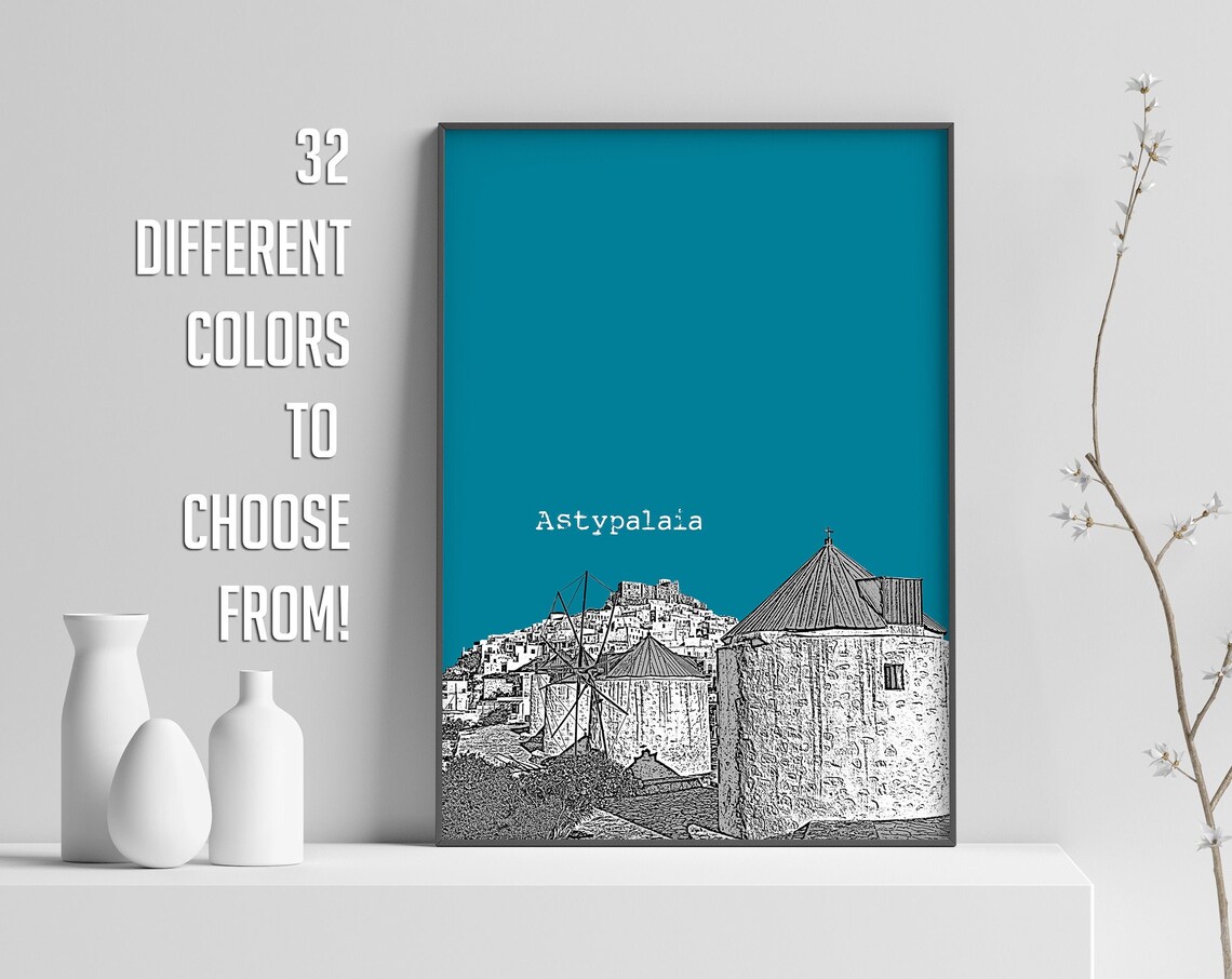 Astypalaia Teal Pop Art Greek Windmill Village Sketch Print Decor