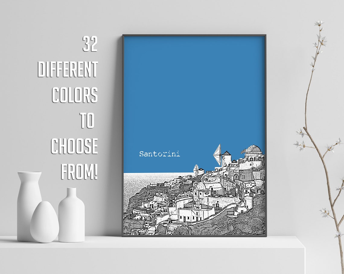 Santorini Greece Windmills Color Block Poster With Custom Sky Color