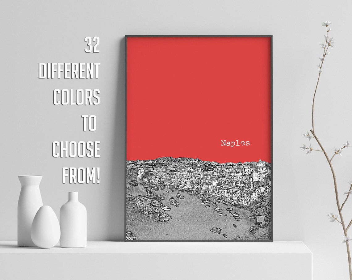 Naples Red Pop Art Harbor Bay Boats Italian Coast Sketch Print Decor