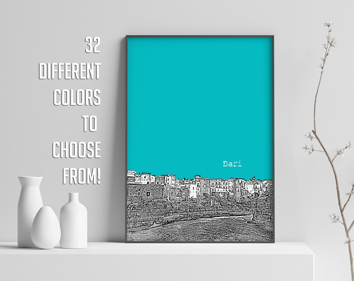 Bari Turquoise Pop Art Cliffside Old Town Sketch Print Travel Decor