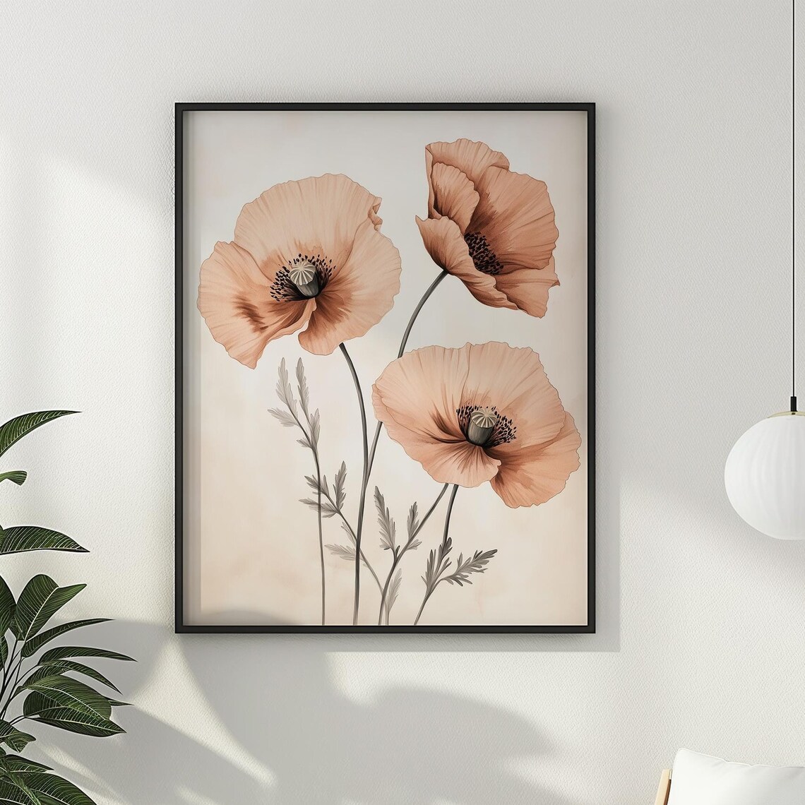 Minimalist Blush Poppies Trio Cream Japandi Botanical Art Poster
