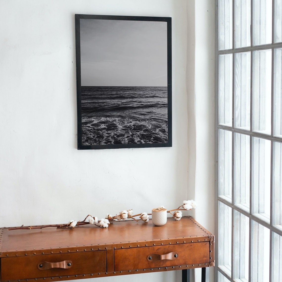 Black And White Ocean Poster Moody Waves Under Soft Gray Sky - Image 3