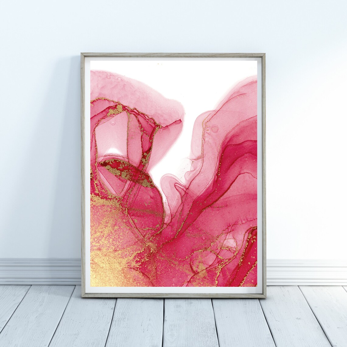 Red And Gold Alcohol Ink Poster Flowing Pink Marble Elegance