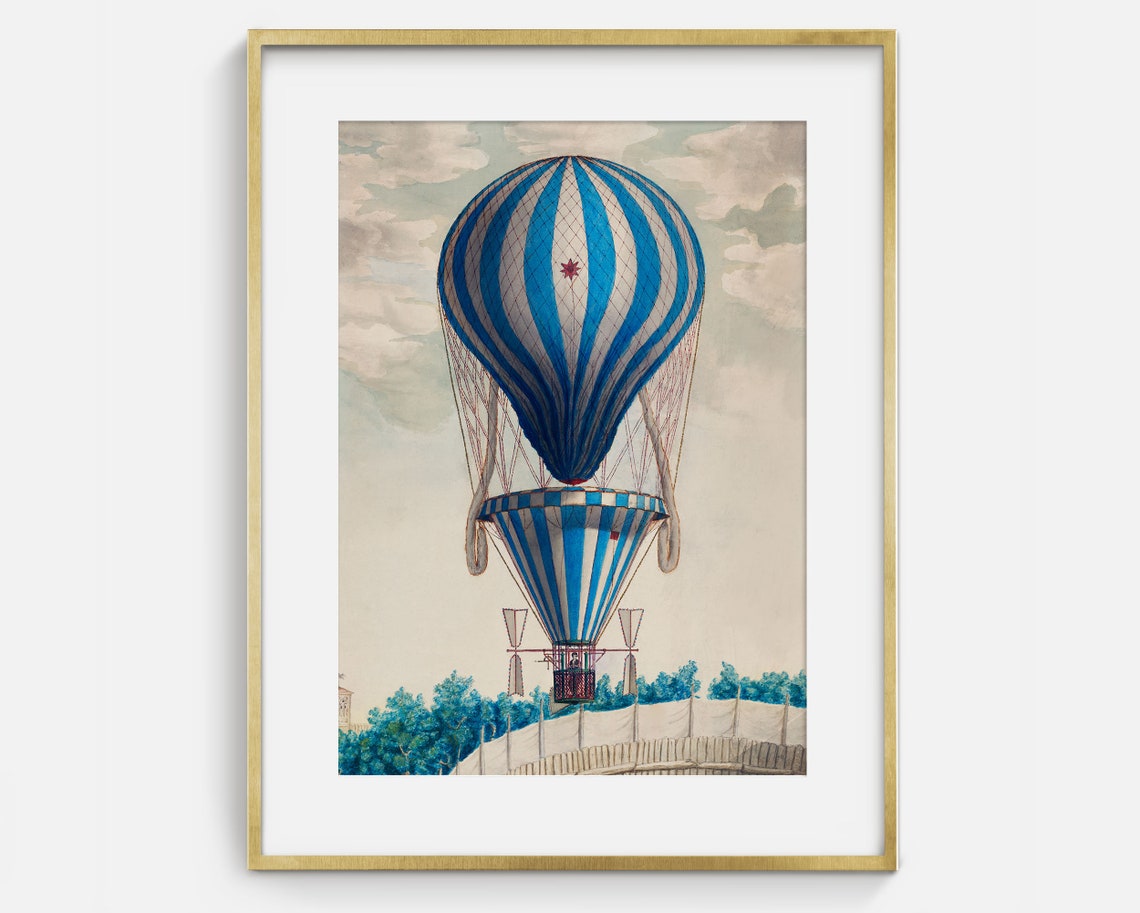 Blue Striped Hot Air Balloon Art Vintage Print Of Balloon Antique Transportation Art Gifts For Men Art For Baby Boys Room - Image 2