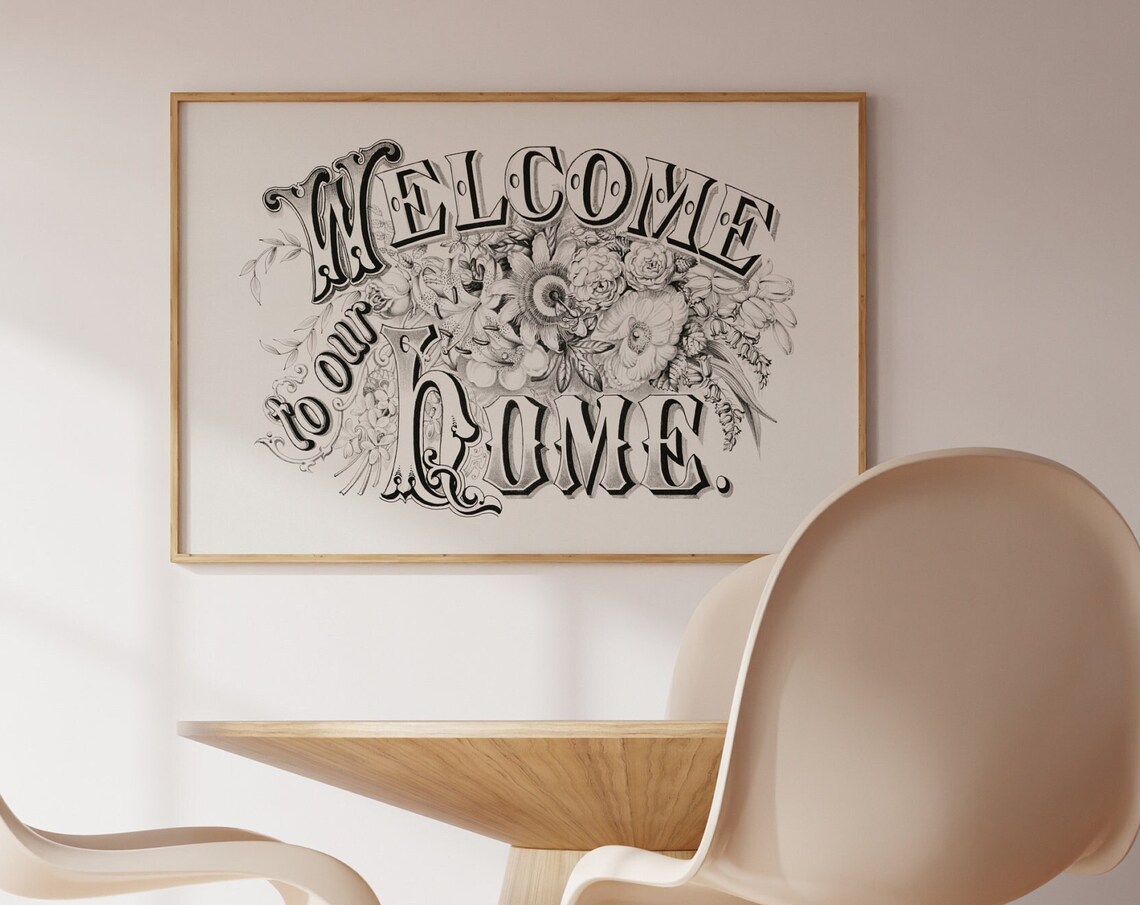 Welcome To Our Home Vintage Floral Hand Lettered Entry Wall Poster