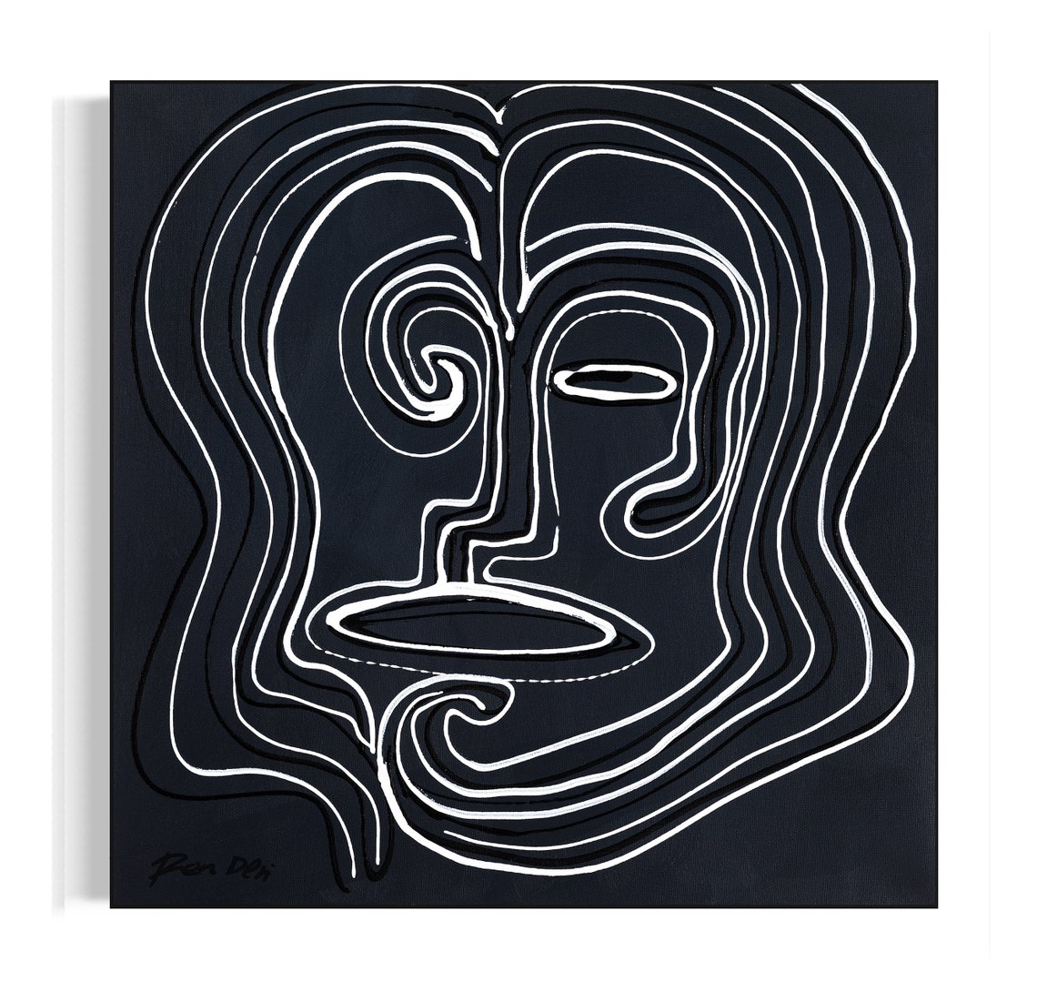 Ron Deri White Line Face Portrait on a Black Canvas Art Poster