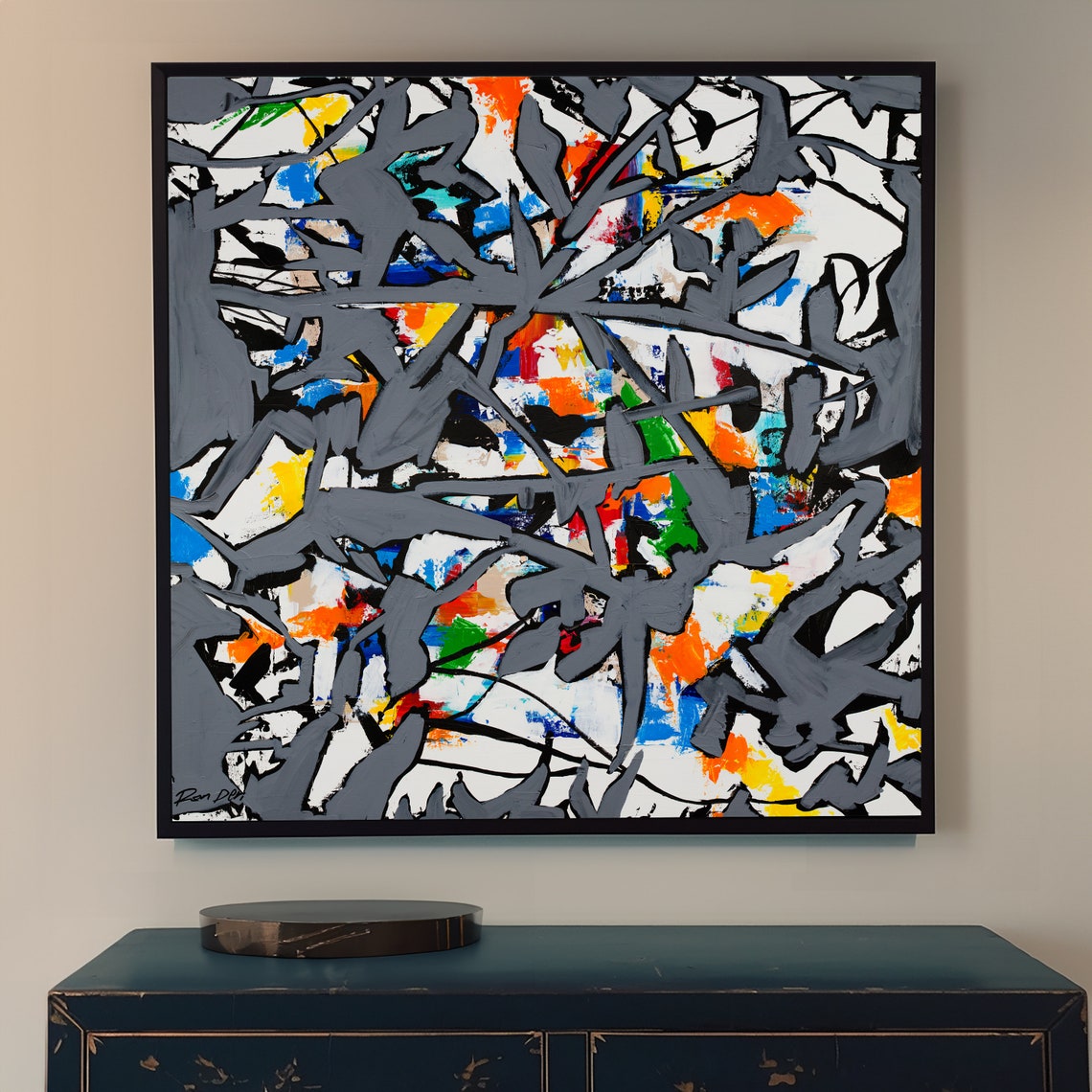 Gray Web Lines Over Colorful Textured Ground Abstract Art Print - Image 4