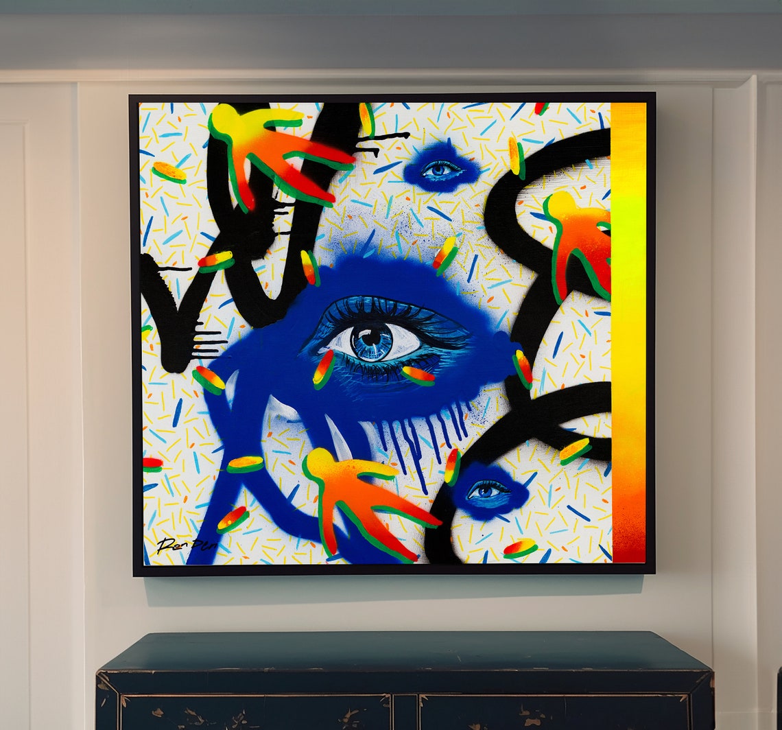 Big Blue Eye Pop Art with Colorful Figures and Confetti Art Poster - Image 4