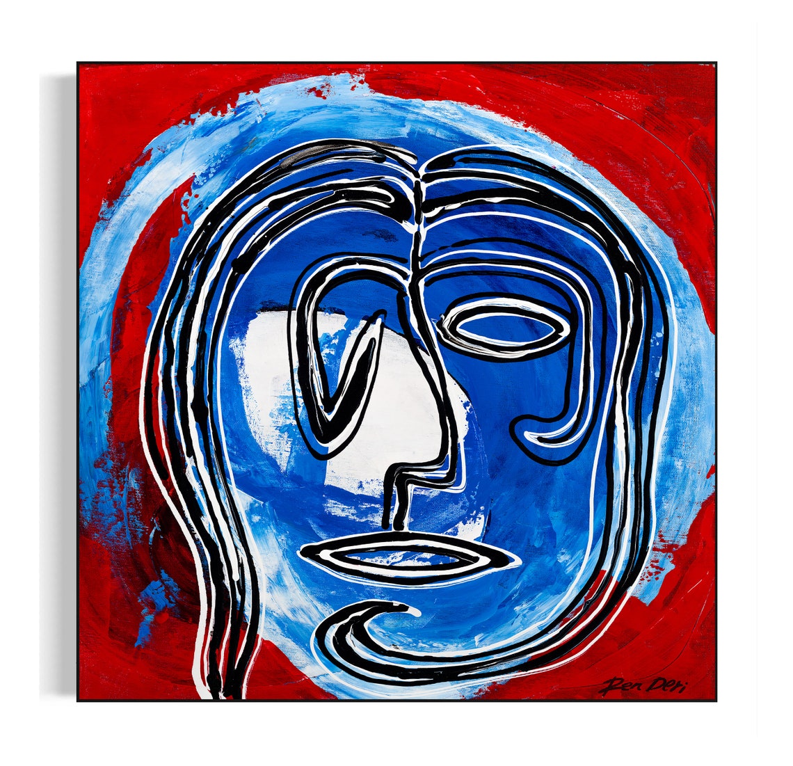 Bold Blue Face Line Art on a Red Background Modern Abstract Poster - Image 5