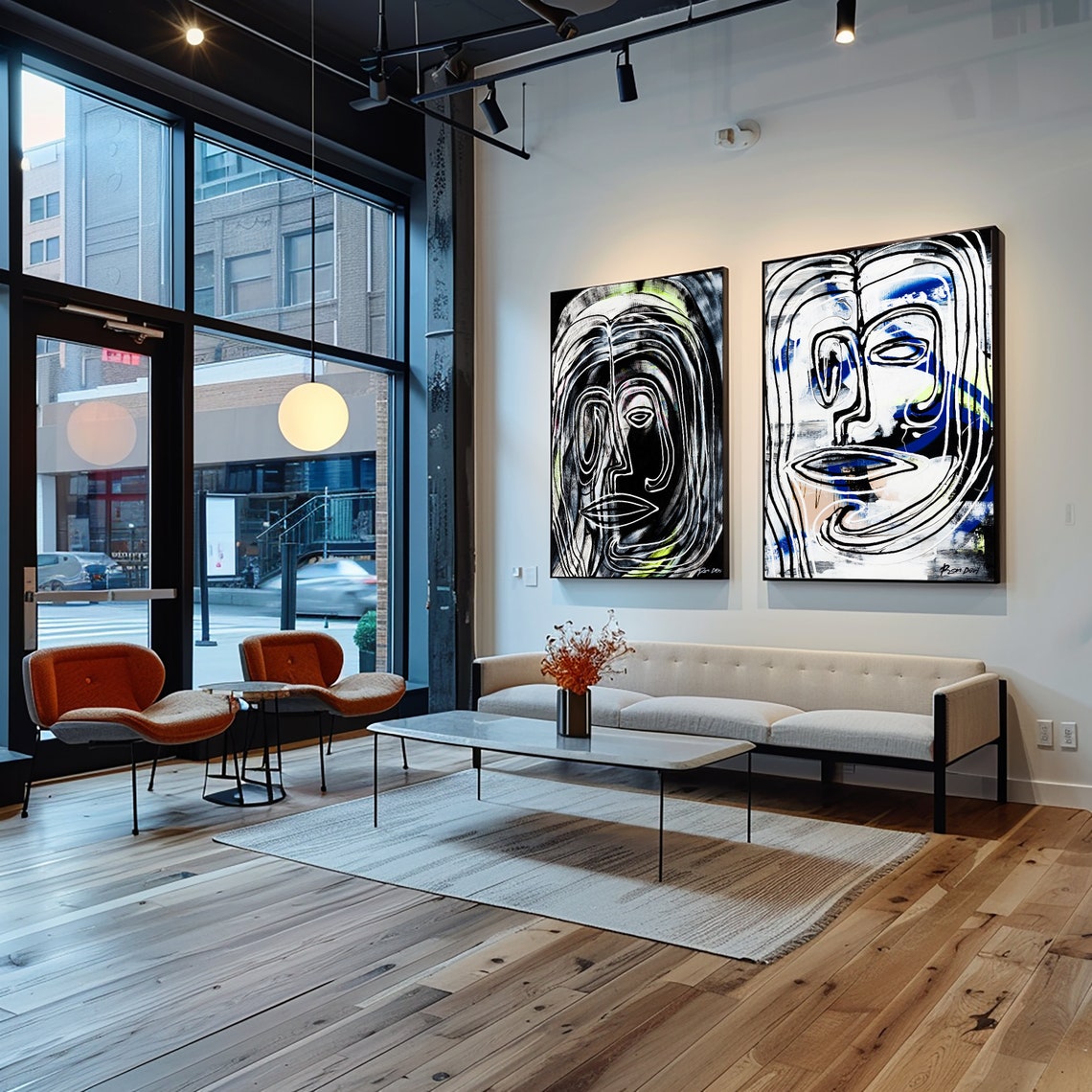 Line Art Face in Black and White with Blue Accents Vertical Poster - Image 2