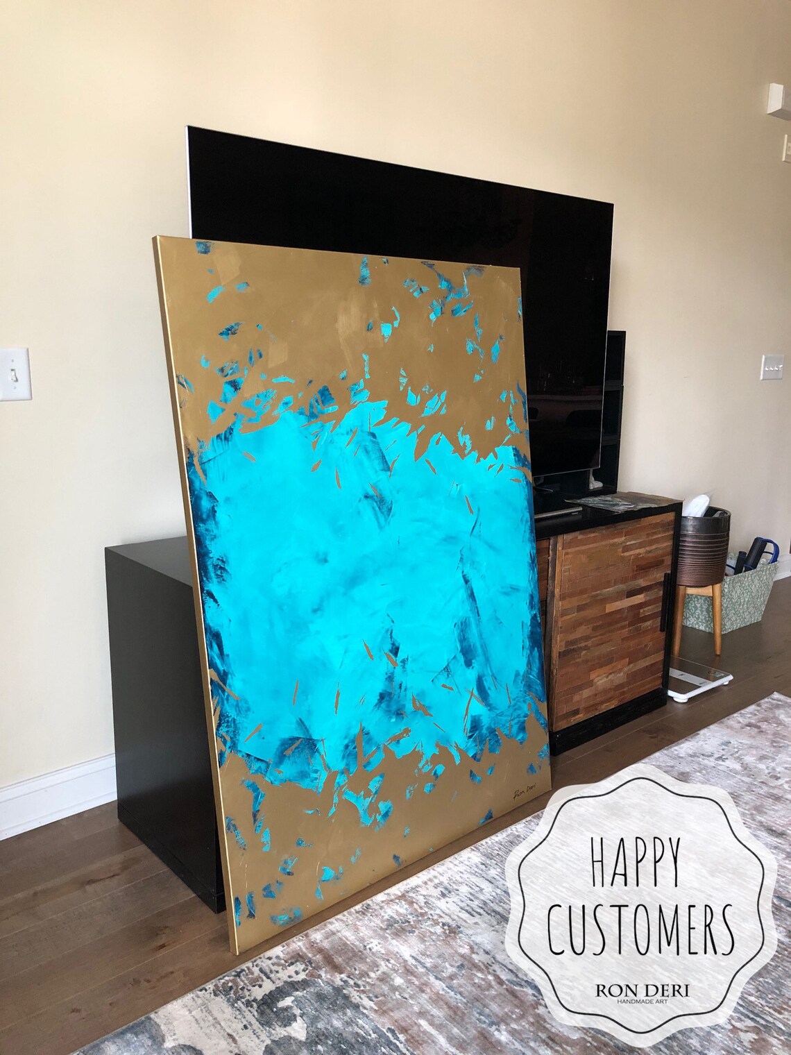 Energy Blue Minimalist Gold Painting, Abstract Art - Image 2