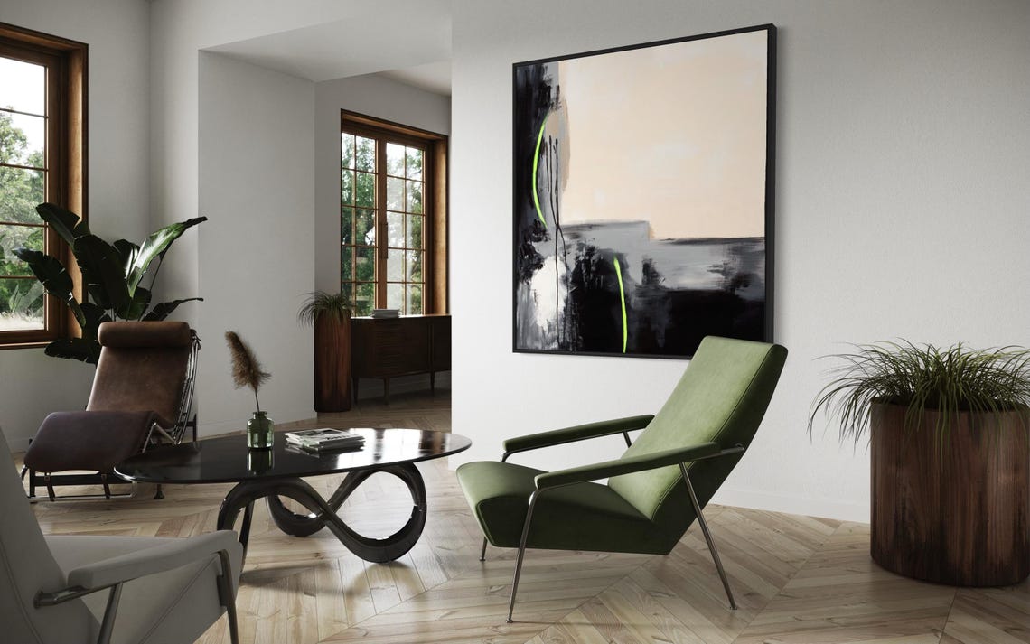 Minimalist Black Beige Abstract Poster with Neon Green Curved Lines - Image 3