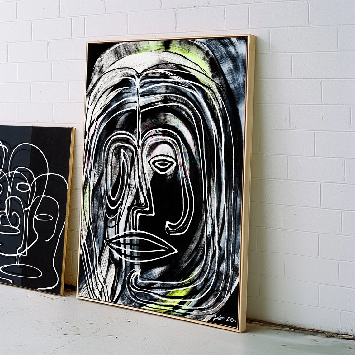 Black and White Line Face Green Accents Dramatic Abstract Poster - Image 4