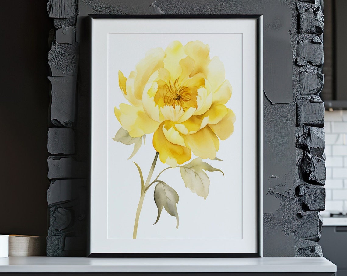 Yellow Peony Single Bloom Bright Watercolor Cheerful Floral Poster