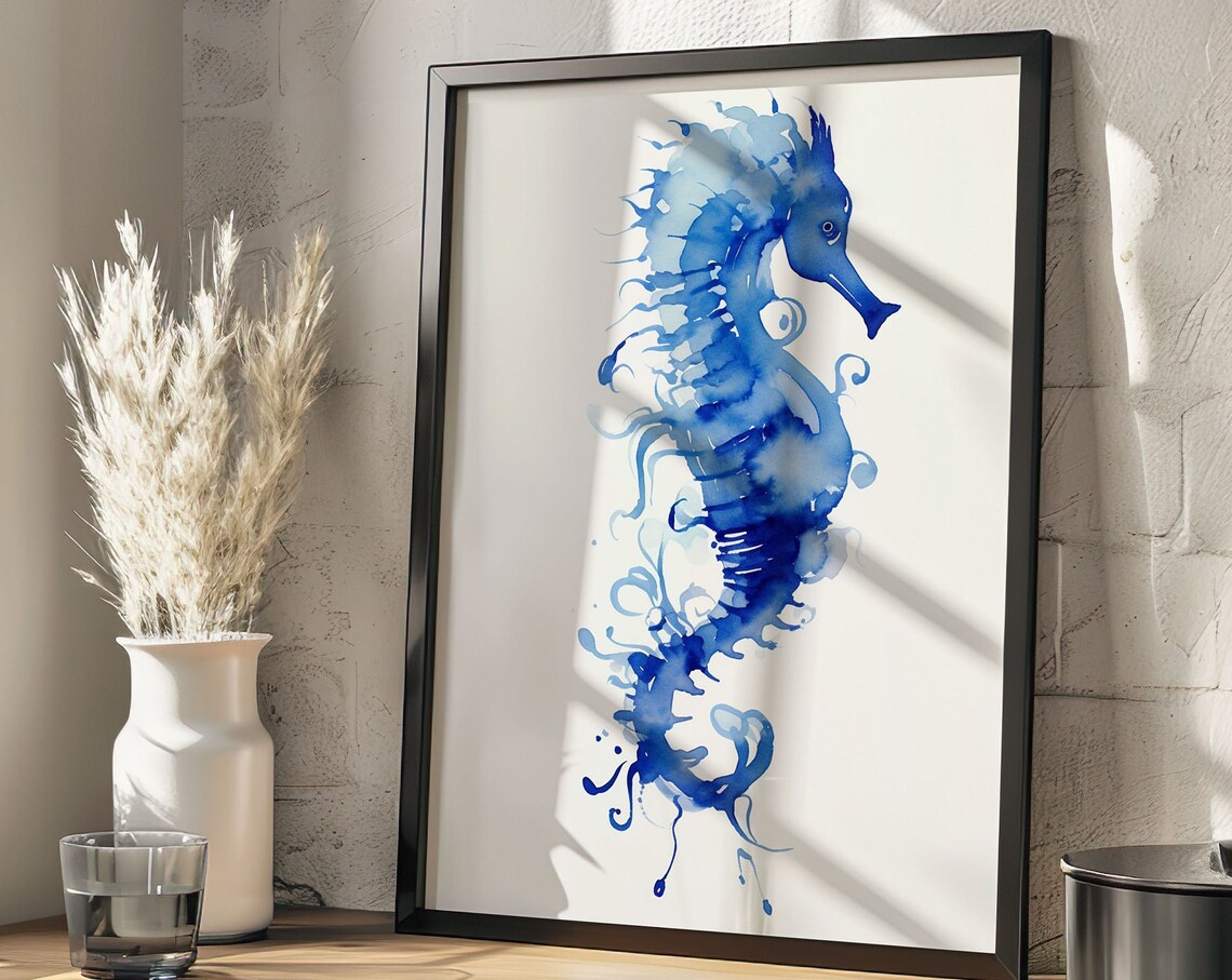 Blue Seahorse Watercolor Ocean Sea Creature Coastal Art Poster - Image 5