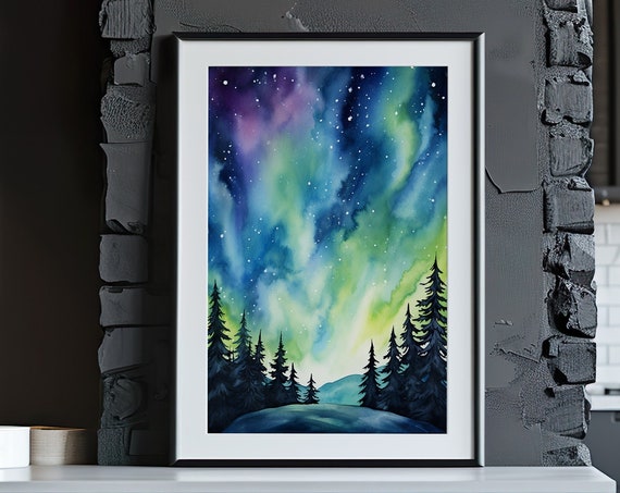 Northern Lights Painting Wall Art Poster Gift Watercolor Colorful Painting Illustration Nature Minimalist Decor Living Room