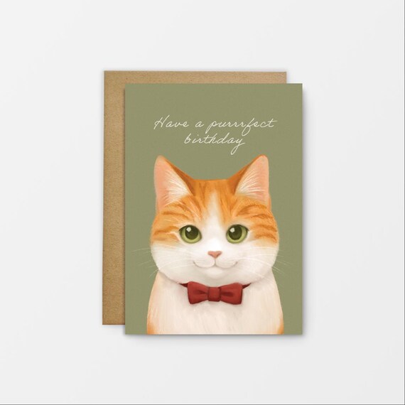 Purrrfect Birthday Orange Tabby Cat Bow Tie Card Gift Art Print