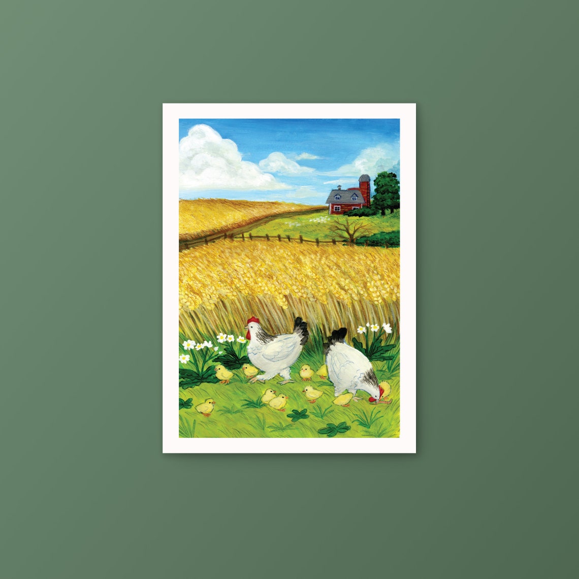 Chickens And Wheat Gouache Art Print - Image 3