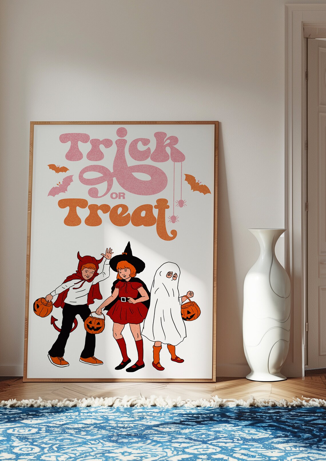 Retro Trick Or Treat Halloween Poster Pink Orange Kids Costume Decor - Image 2