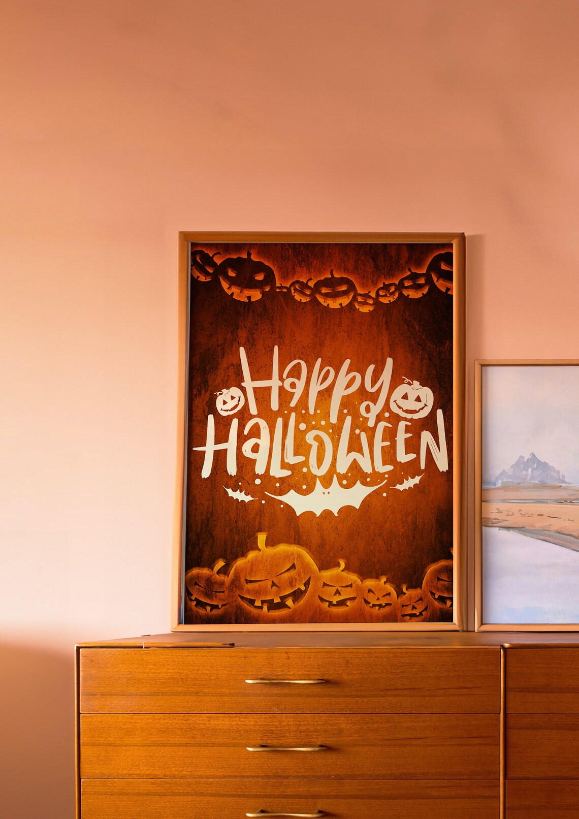 Happy Halloween Typography Poster Orange Pumpkin Spooky Party Wall Decor - Image 2