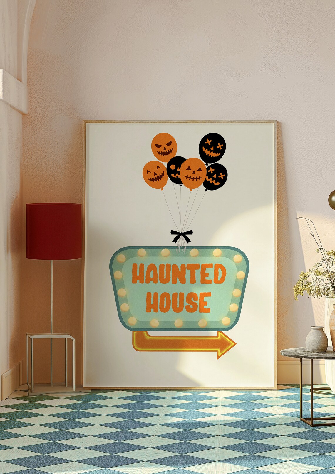 Haunted House Retro Marquee Sign Pumpkin Balloons Orange Halloween Poster - Image 4