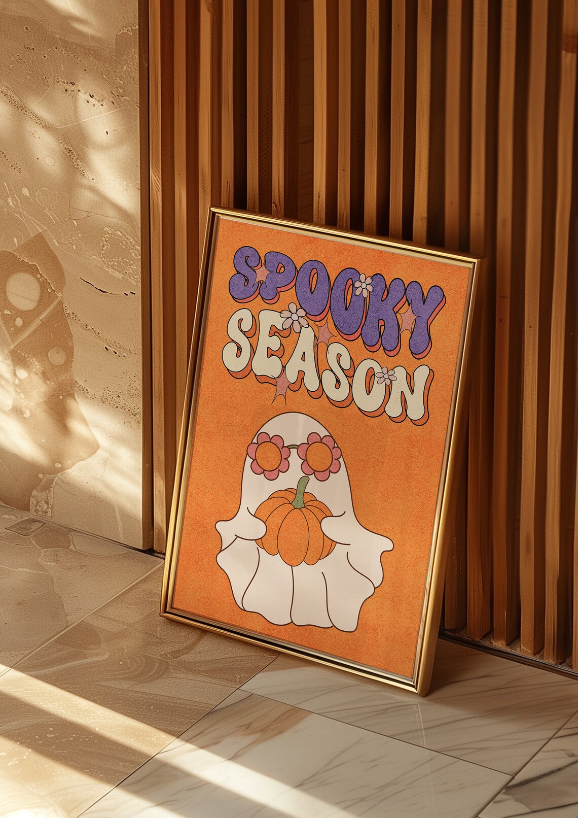 Retro Spooky Season Ghost Pumpkin Groovy Flower Orange Halloween Poster - Image 3