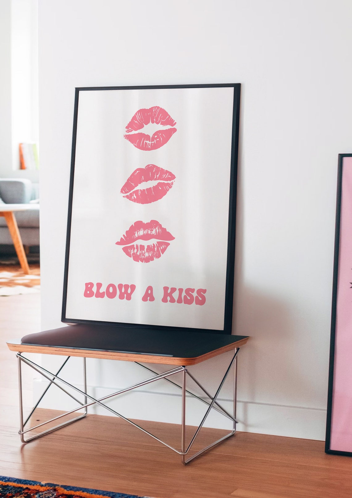 Blow a Kiss Pink Lipstick Kisses Retro Typography Trendy Wall Art - Image 3