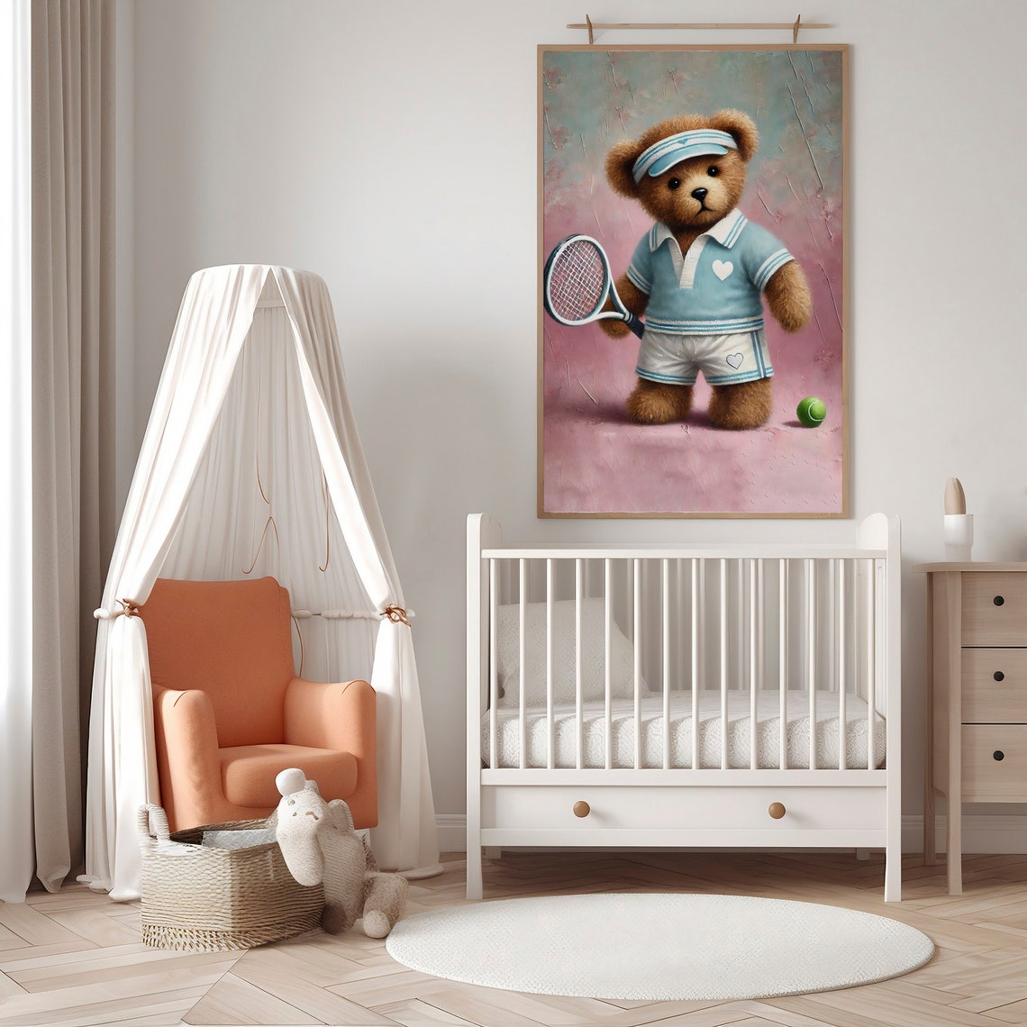 Cute Teddy Bear Tennis Player Pink Background Nursery Poster - Image 4