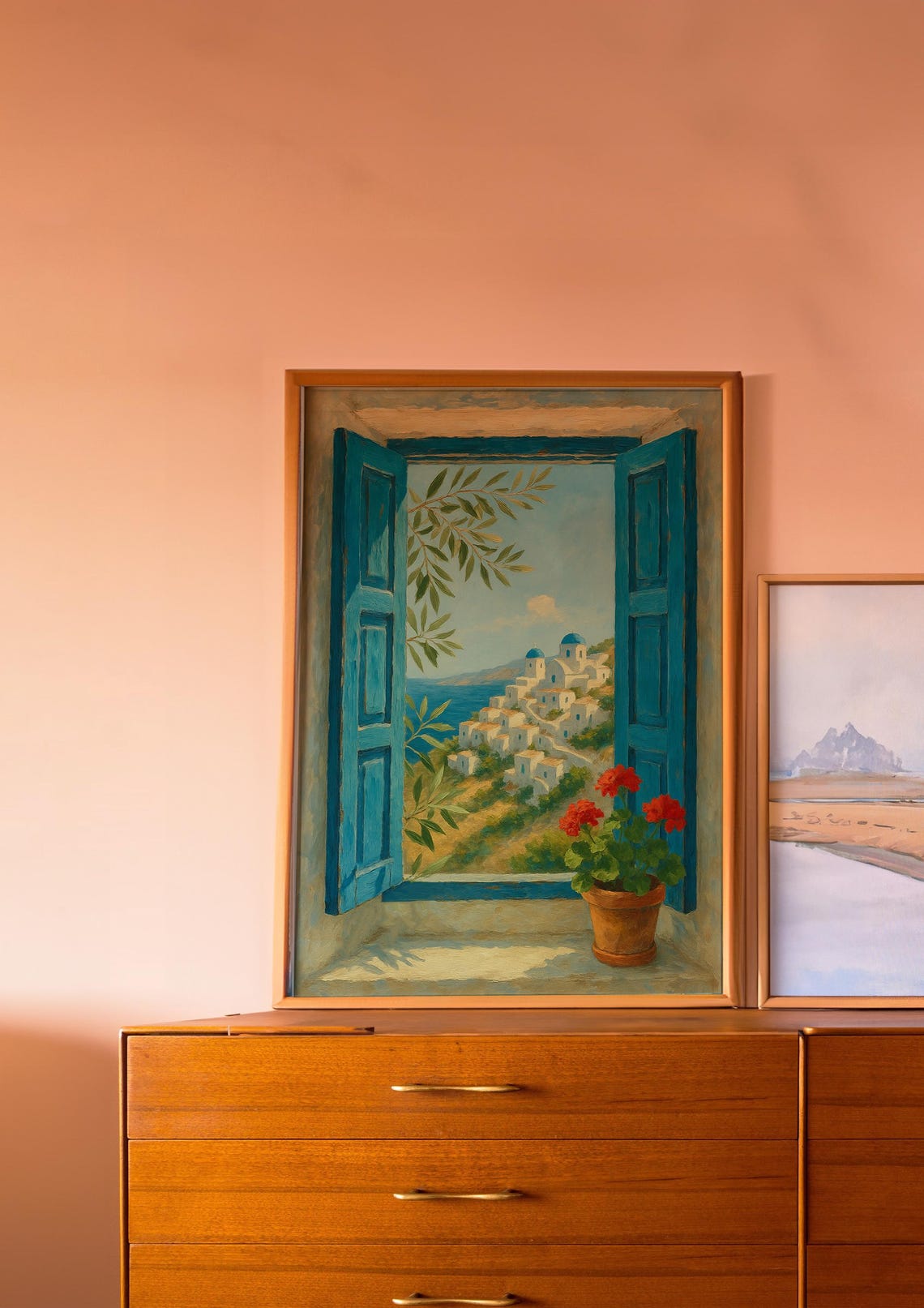 Blue Shutters Santorini Greece View Mediterranean Window Poster - Image 2