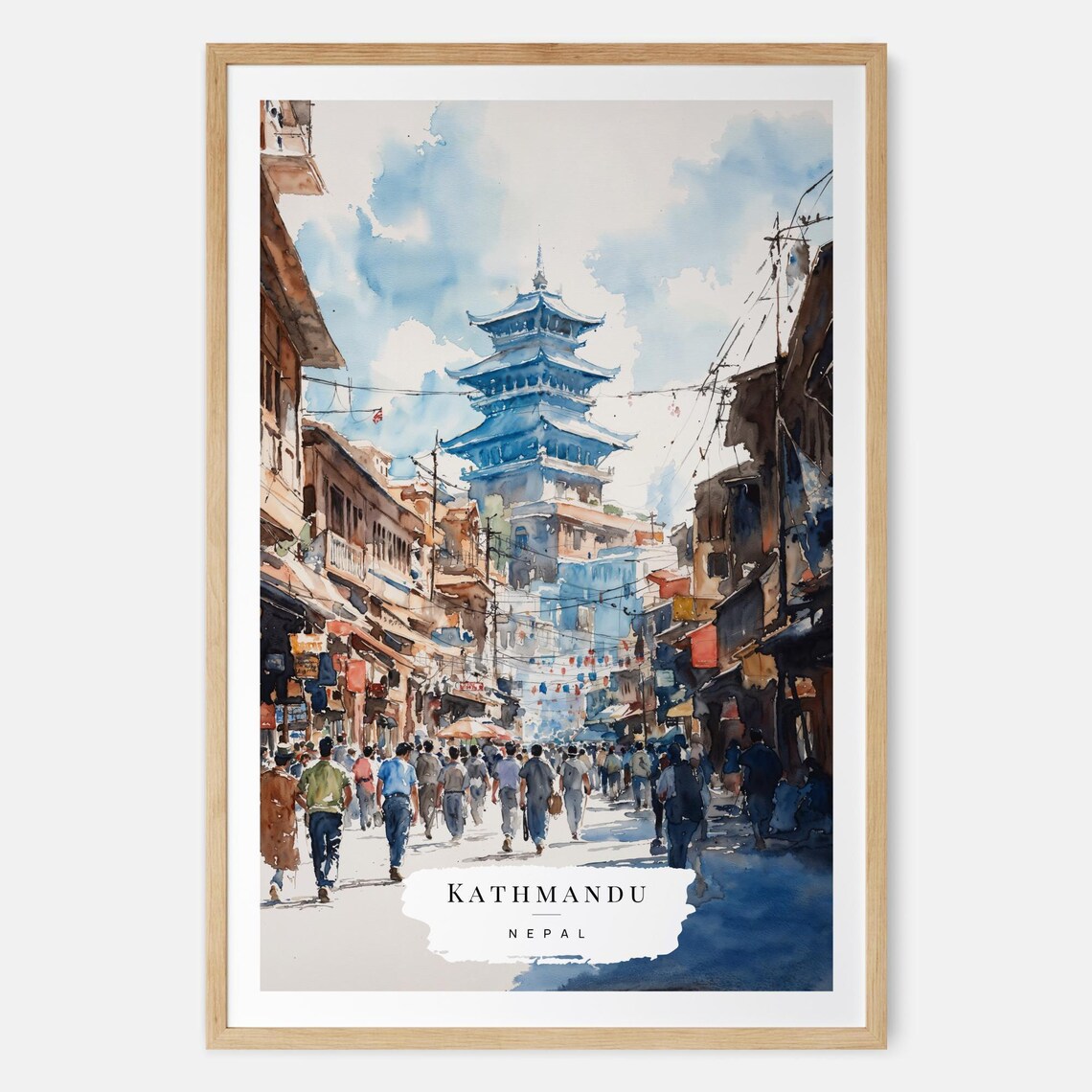 Nepal Kathmandu Watercolor Art Print, Travel Wall Gift