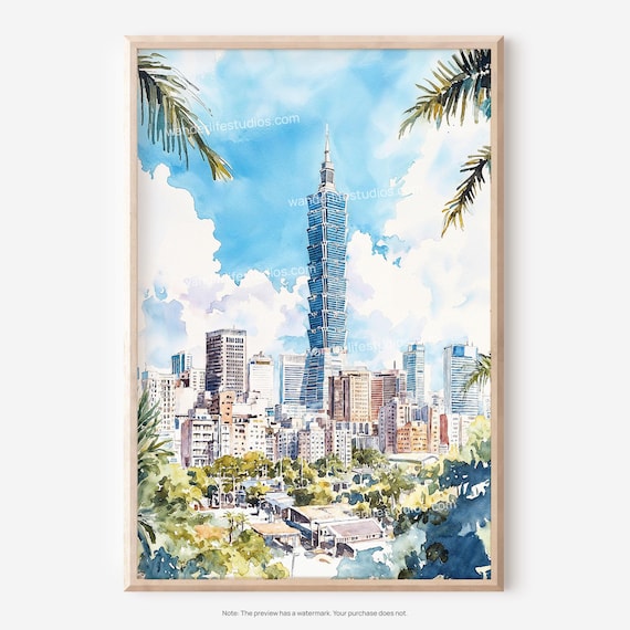 Taipei Watercolor Wall Art Of 101 Skyline