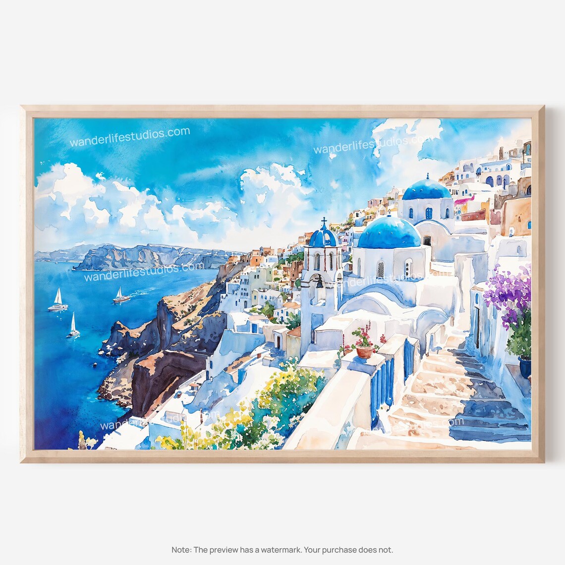 Santorini Greece Blue Domes Aegean Sea Watercolor Travel Poster