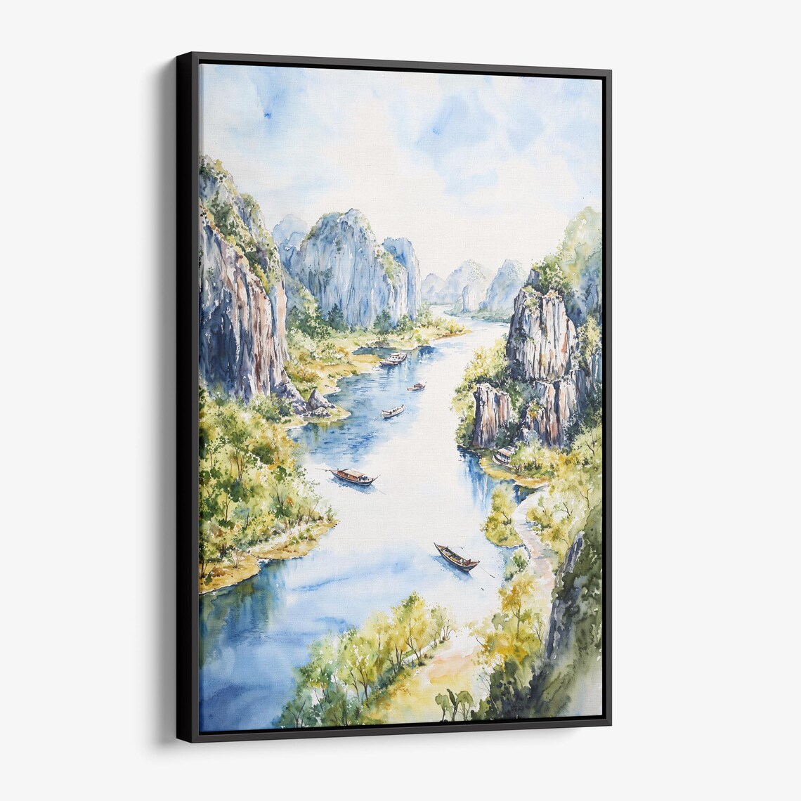 Karst Peaks Along Winding River Boats Watercolor Scenic Art Poster