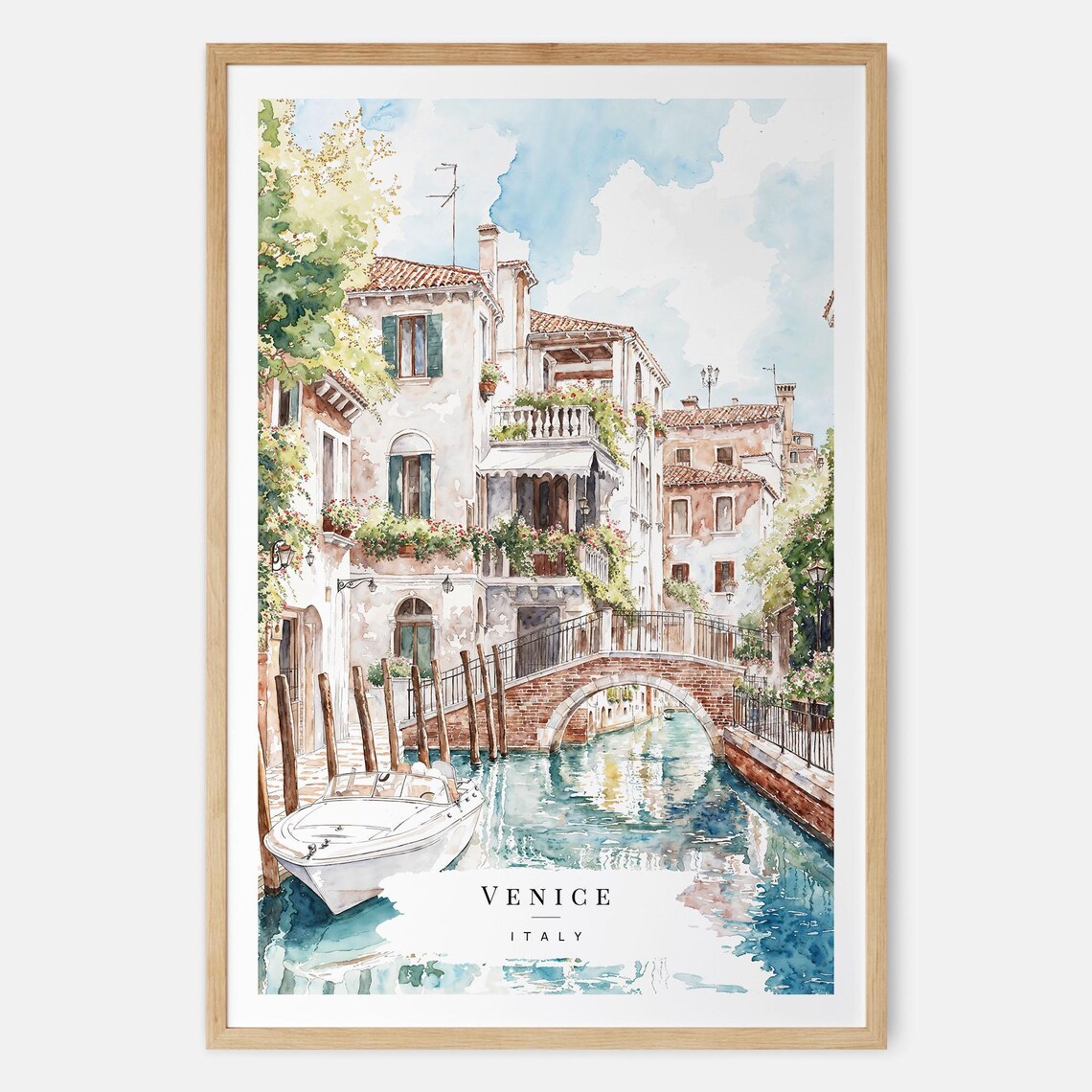 Venice Italy Canal Boat Brick Bridge Watercolor Travel Poster