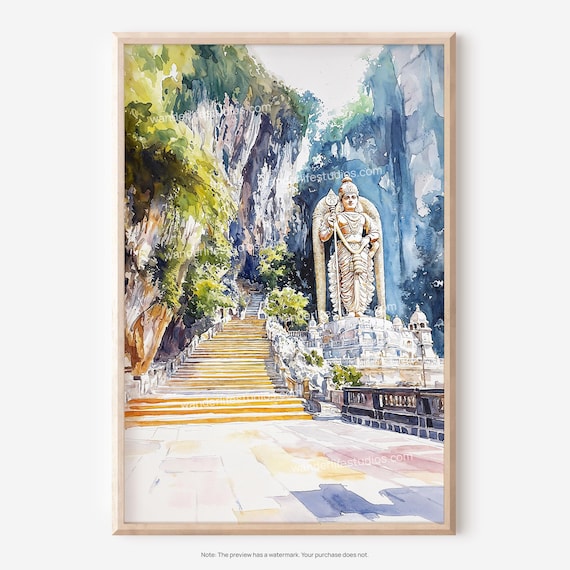 Batu Caves Watercolor with Murugan Statue and Limestone Cliffs Poster