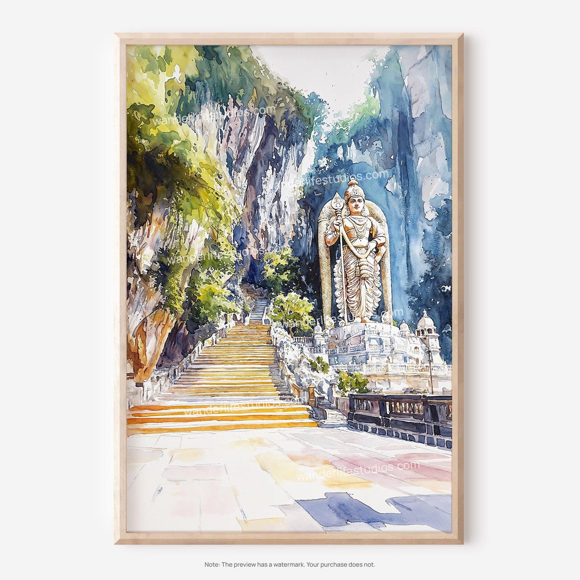 Batu Caves Watercolor with Murugan Statue and Limestone Cliffs Poster